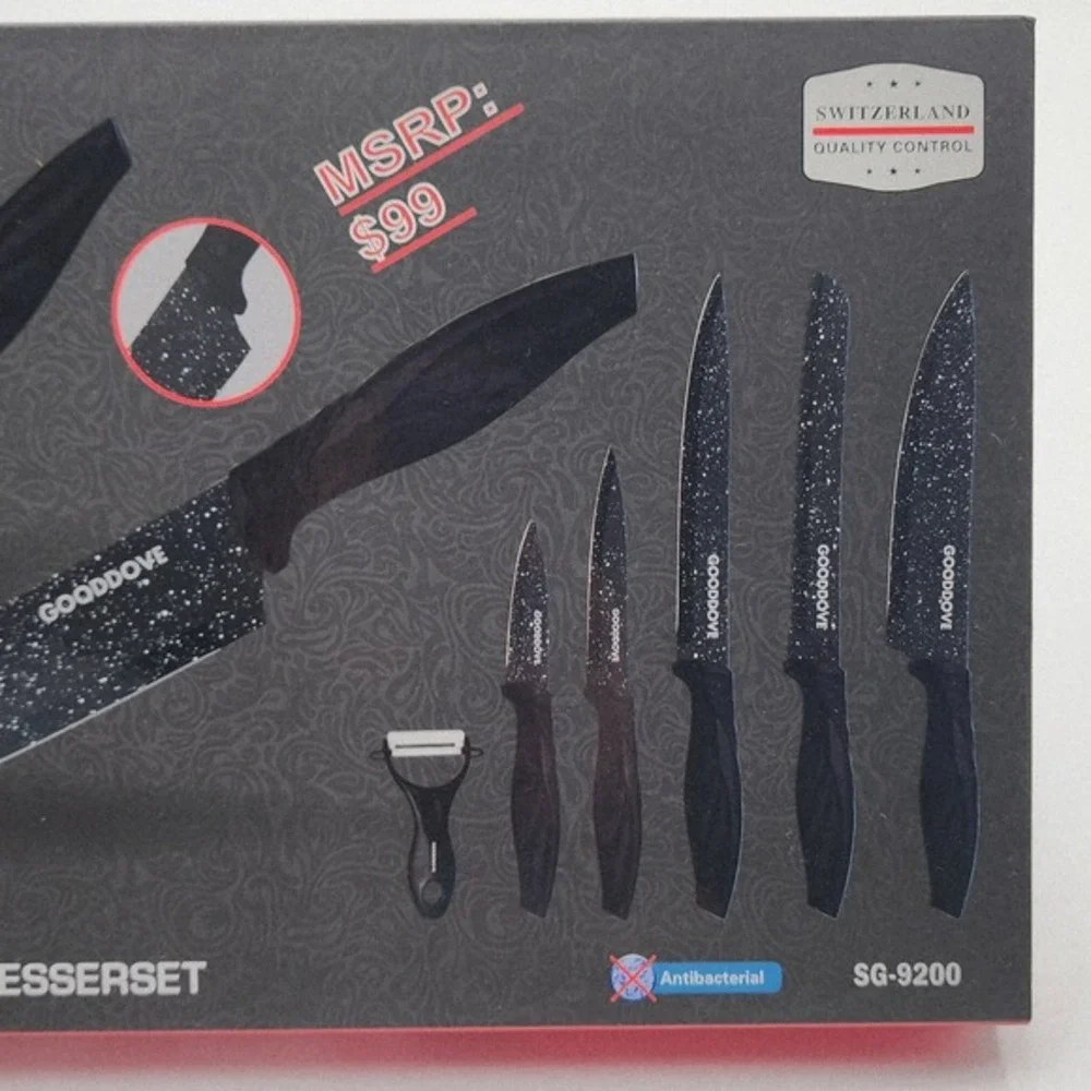 Gooddove SG-9200 Kitchen Knife Set Black 6 Piece Antibacterial‎ Swiss Gold New